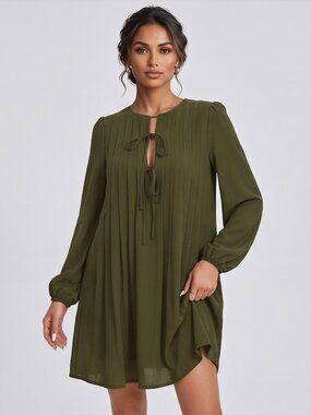 Boho Army Green Long Sleeve Keyhole Mini Dress Pleated Front Babydoll Top